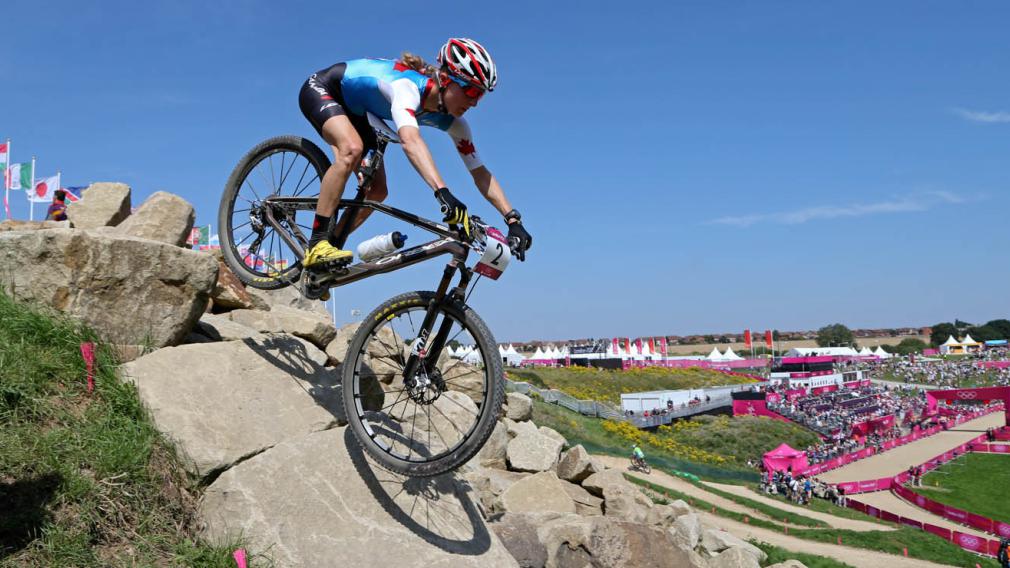 Catherine Pendrel of Fredricton, N.B. in the women's mountain bike competition at the 2012 London Olympics, Saturday, Aug. 11, 2012. THE CANADIAN PRESS/HO, COC - Mike Ridewood